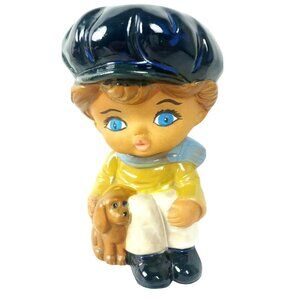 Vintage Hankyu Figurine Boy Puppy Dog Japan 1970s Stoneware Pottery